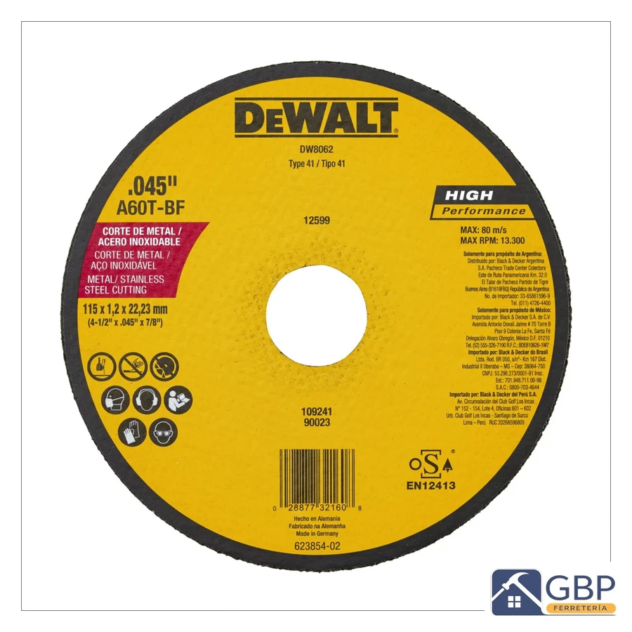 Disco de Corte 4-1/2" para Metal/Acero Inoxidable DeWalt Type 41 - DeWalt