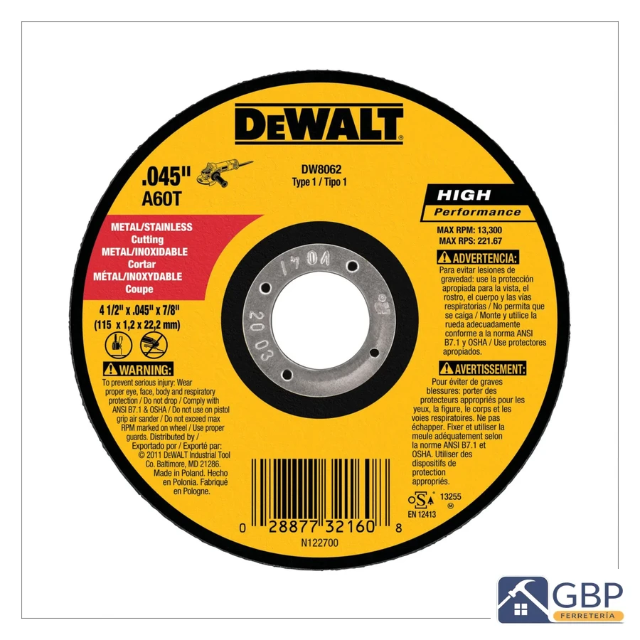 Disco de Corte 4-1/2" para Metal - DeWalt